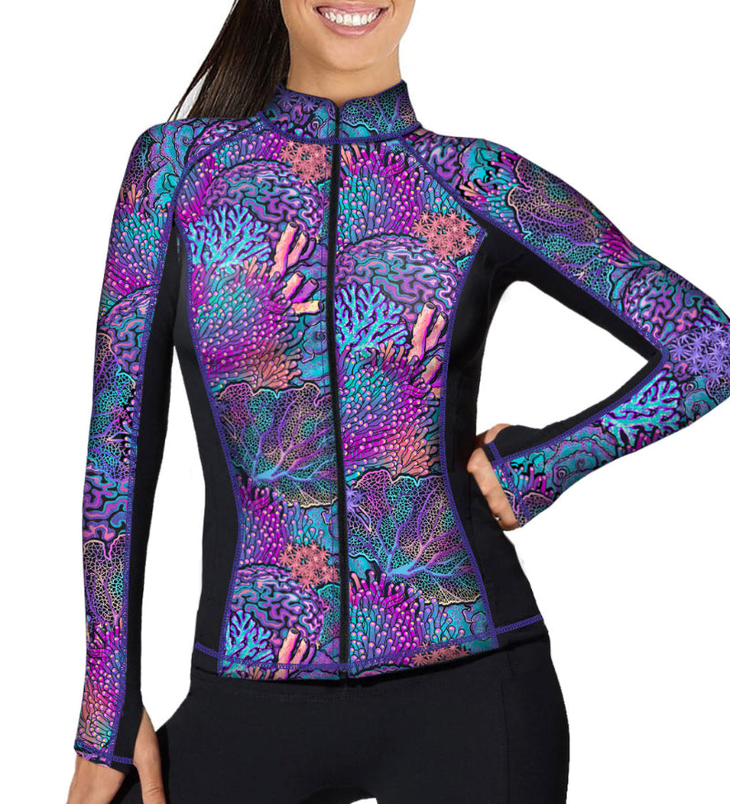 Spacefish Army Full Zip Coral Kaleidoscope Rash Guard