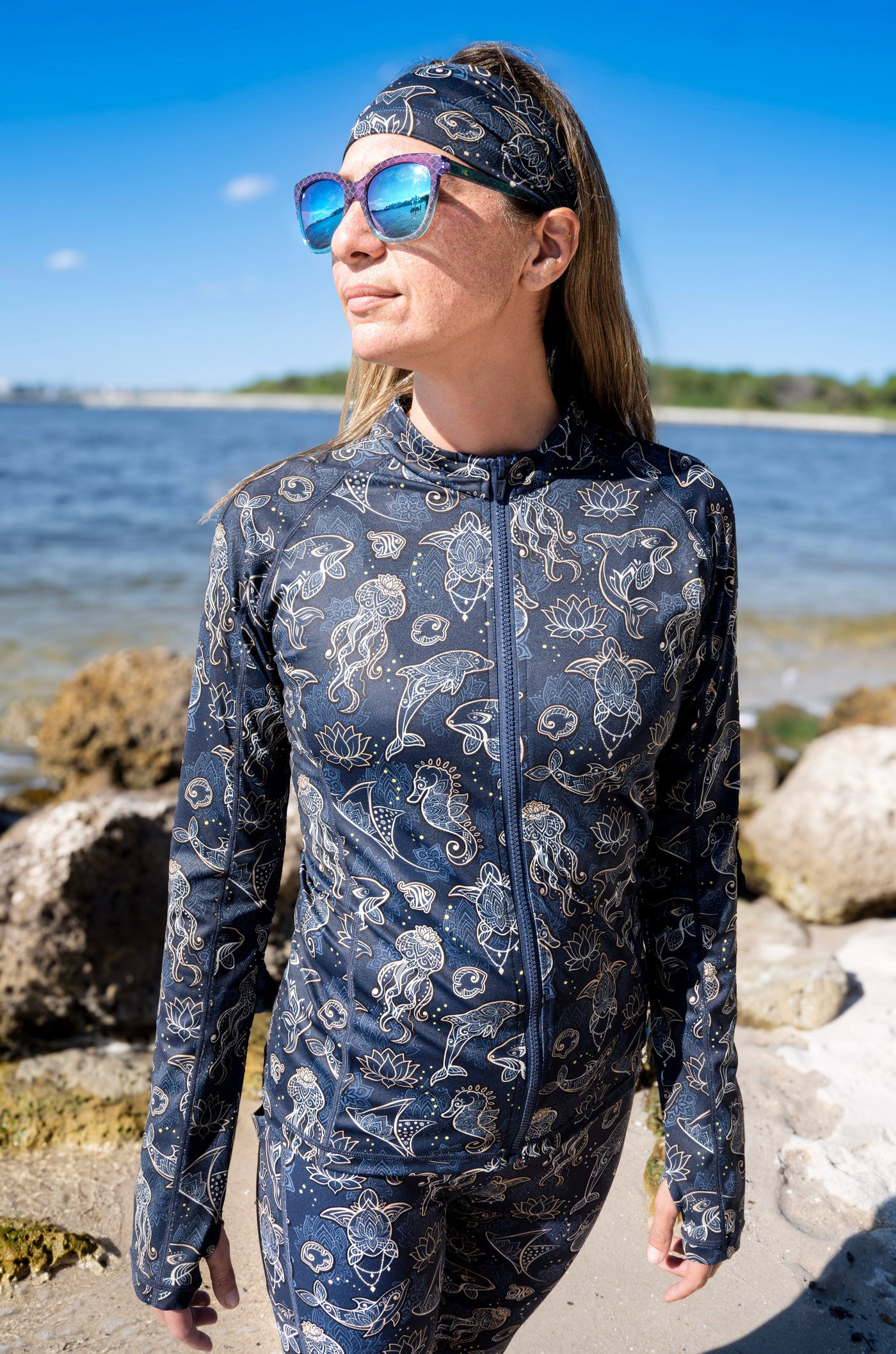 Eco-friendly Full Zip Up Ocean Mandala Rash Guard