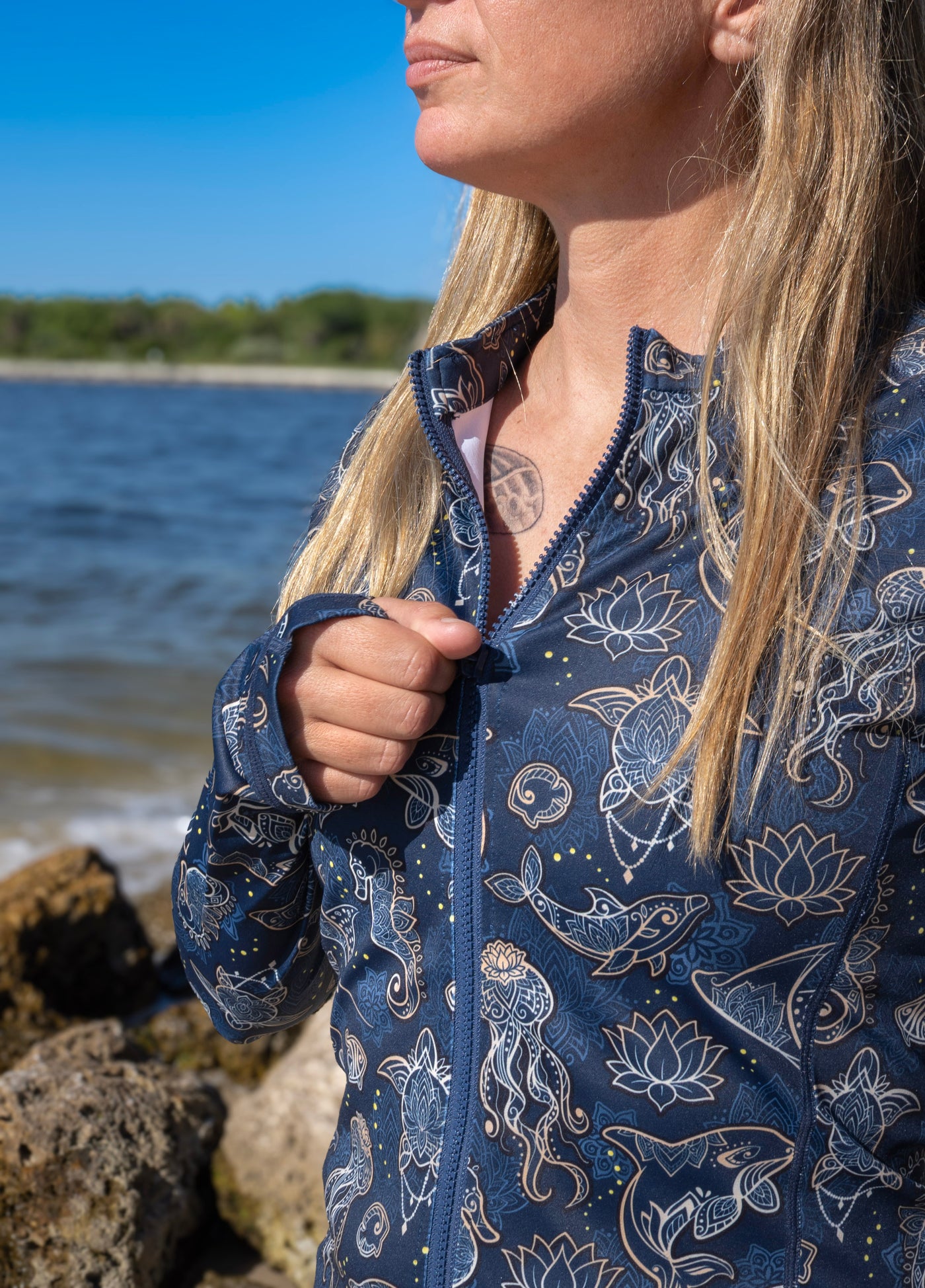 Eco-friendly Full Zip Up Ocean Mandala Rash Guard