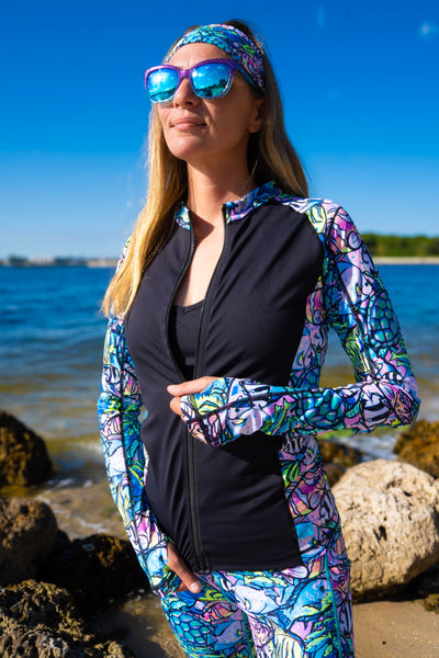 Eco-friendly Full Zip Up Neon Fish Frenzy Rash Guard
