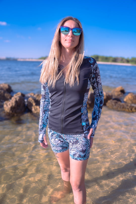 Spacefish Army Full Zip Electric Blue Octofloral Rash Guard