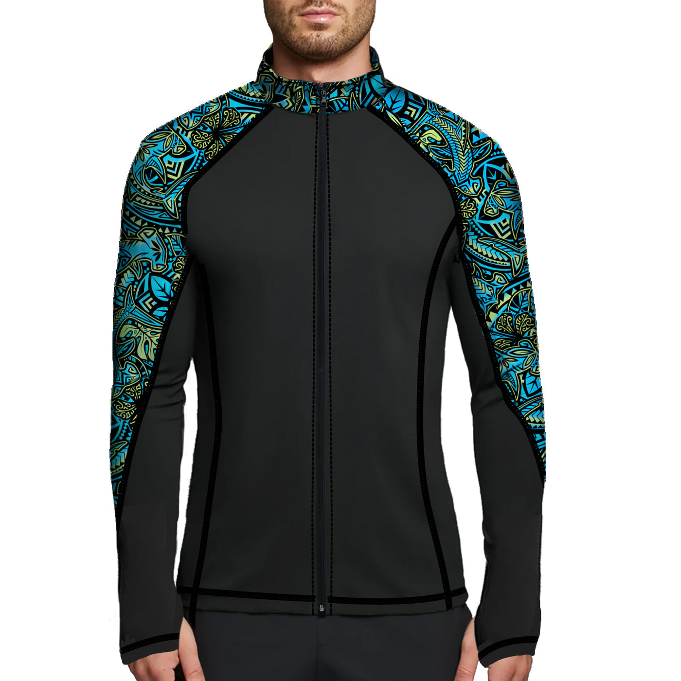 MENS Eco-friendly Full Zip Up Hammerhead Hibiscus Rash Guard