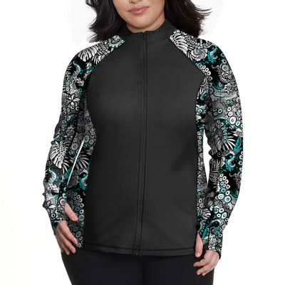 Plus Size Eco-friendly Full Zip Up Electric Blue Octofloral Rash Guard