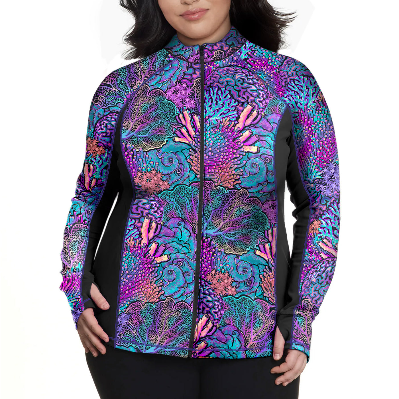 Plus Size Eco-friendly Full Zip Up Coral Kaleidoscope Rash Guard