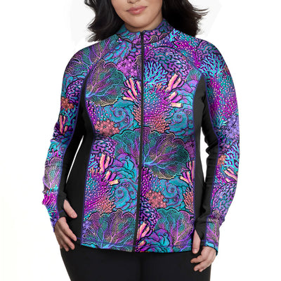 Plus Size Eco-friendly Full Zip Up Coral Kaleidoscope Rash Guard