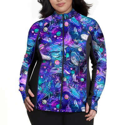 Plus Size Eco-friendly Full Zip Up Cosmic Whale Rash Guard