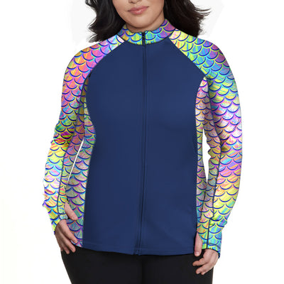 Plus Size Eco-friendly Full Zip Up Psychedelic Mermaid Rash Guard