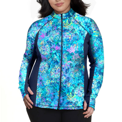 Plus Size Eco-friendly Full Zip Up Turtle Tie Dye Rash Guard