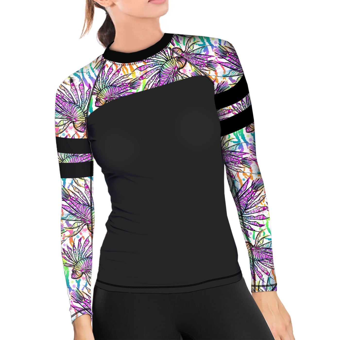 Eco-Friendly White Lionfish Roars Contour Rash Guard