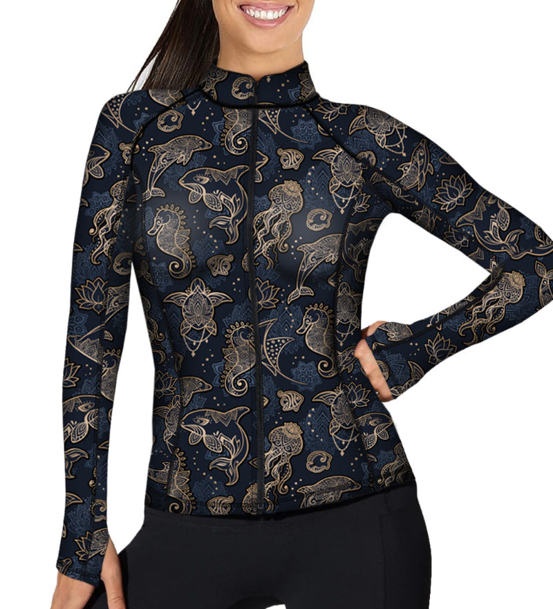 Eco-friendly Full Zip Up Ocean Mandala Rash Guard