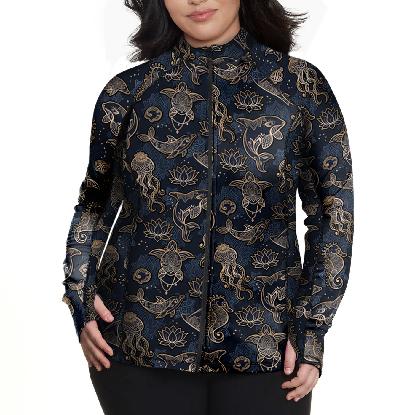 Plus Size Eco-friendly Full Zip Up Ocean Mandala Rash Guard
